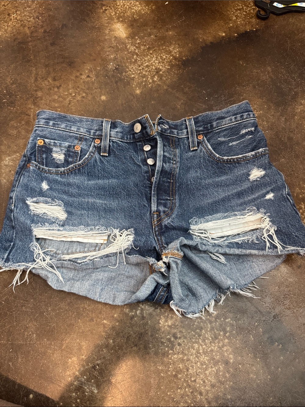 Levi's Distressed Frayed Hem Denim Shorts - Dark Blue